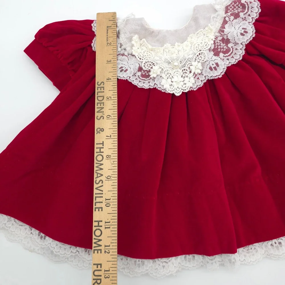 MiniWorld Baby Girl Red Velvet Lace Christmas Dress Vintage 80s Size 3 Months